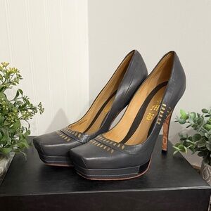 L.A.M.B. ByGwen Stephani Y2K charcoal leather square toe platform stiletto heels